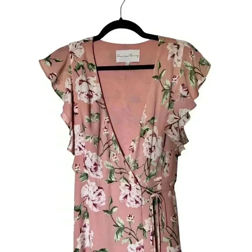 Charles Henry Floral Wrap‎ Dress Size Small Pink Lined Short Flutter Sleeves